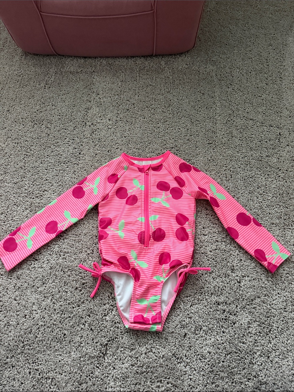 Kids Pink Cherry Long-Sleeve One-Piece Swimsuit - Brand Unspecified